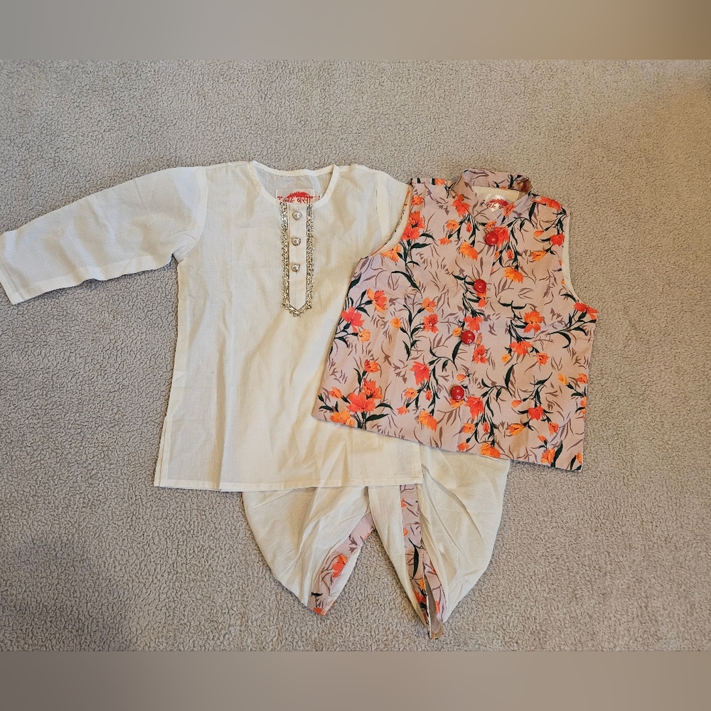 Kids Floral Kurta Set - Cream and Orange